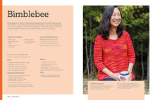 Load image into Gallery viewer, Page from the Knitter's Sweater Fitting Bible: Vivienne, an Asian model with long black hair smiles while wearing Bumblebee, a red, yellow and pink sweater with textured stitch pattern.