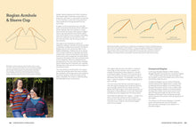 Load image into Gallery viewer, Page from the Knitter's Sweater Fitting Bible: Raglan Armhole and Sleeve cap. Images on this page:
1) Beth, a white woman with wavy dark hair and a congenital limb difference wears Cafe Society, a multicoloured striped pullover stands with Danielle. Danielle, a plus sized white woman with long dark hair sits and wears a purple/grey cardigan with pink and orange stripes.
2 and 3) technical drawings of raglan armholes and sleeve caps