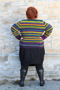 model wearing striped cardigan (back)